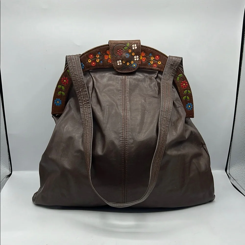 Gaitan Dark Brown Orange Handpainted Florals Tooled Leather‎ Trim Vintage RARE